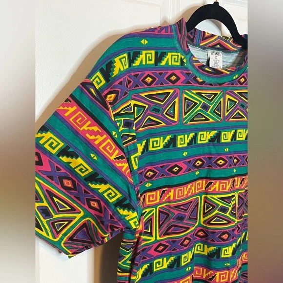 Vintage Gitano 90s Geometric Tribal Print Tee Shirt Medium Made Brazil - Picture 2 of 6